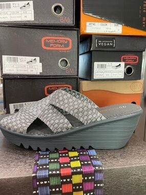 Bernie Mev Lori Silver Gray Woven Slide Wedge Sandal UK 41